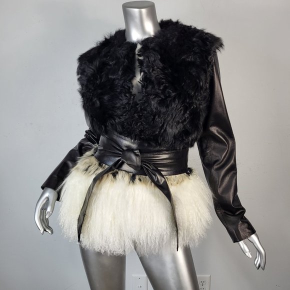 NWT~$1695~ASHLEY B~SZ S~BLACK WHITE REAL LAMBSKIN FUR GENUINE LEATHER COAT - Picture 1 of 16